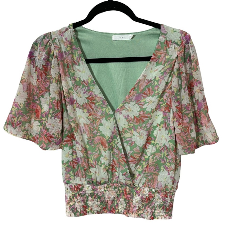 Lush Floral Surplice V-Neck Top Smocked Waist, Small, Pink/Sage, Flutter Sleeve
